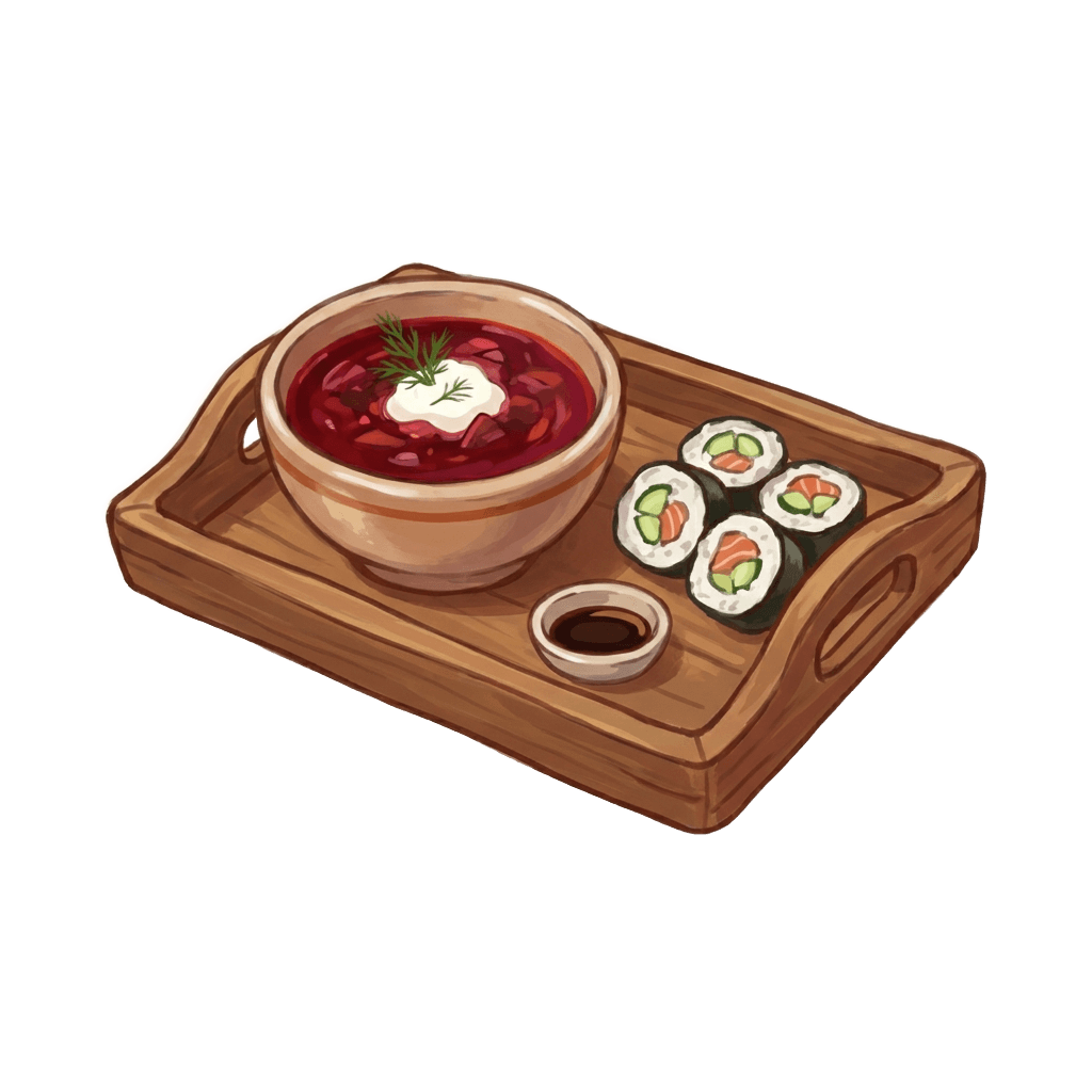 sushi and borsch on a tray